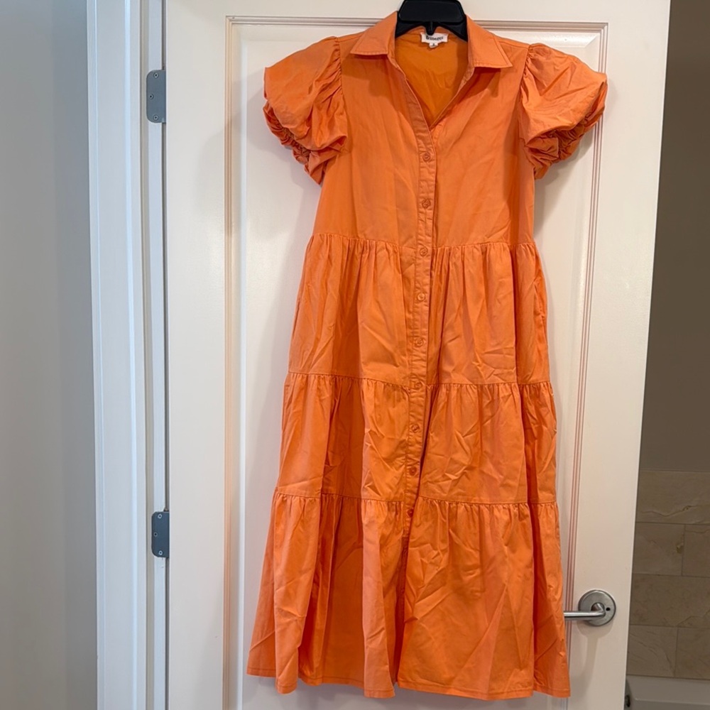 &merci Orange Puff Sleeve button down Midi Dress